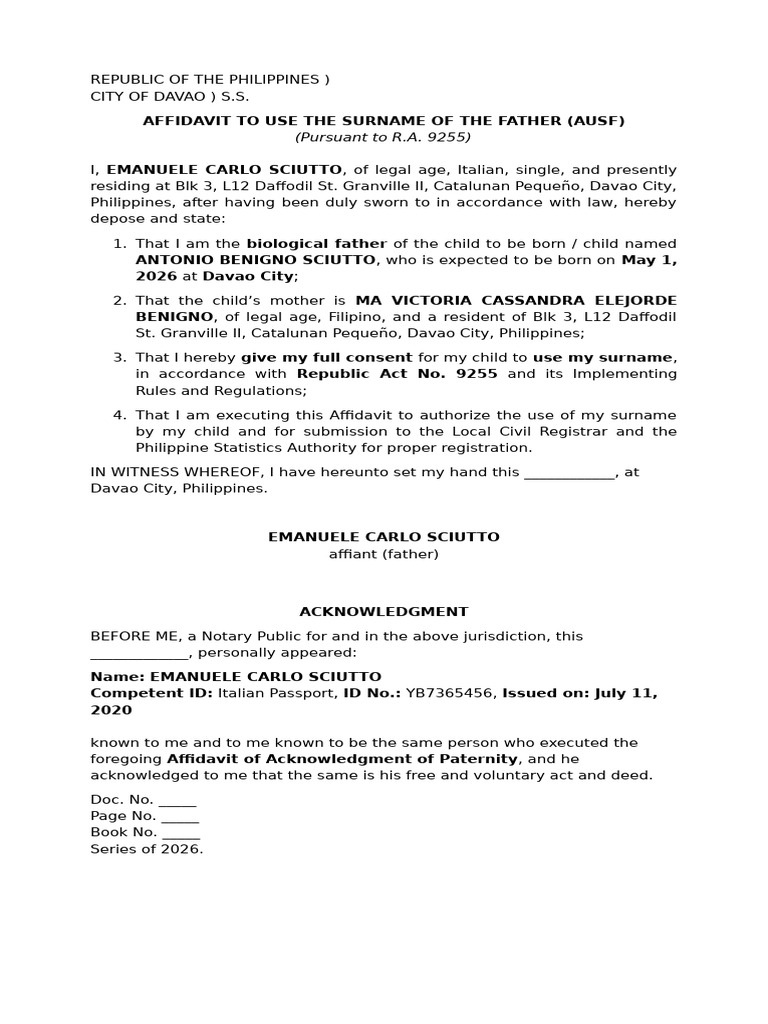 Affidavit to Use the Surname of the Father (Ausf)_sciutto | PDF