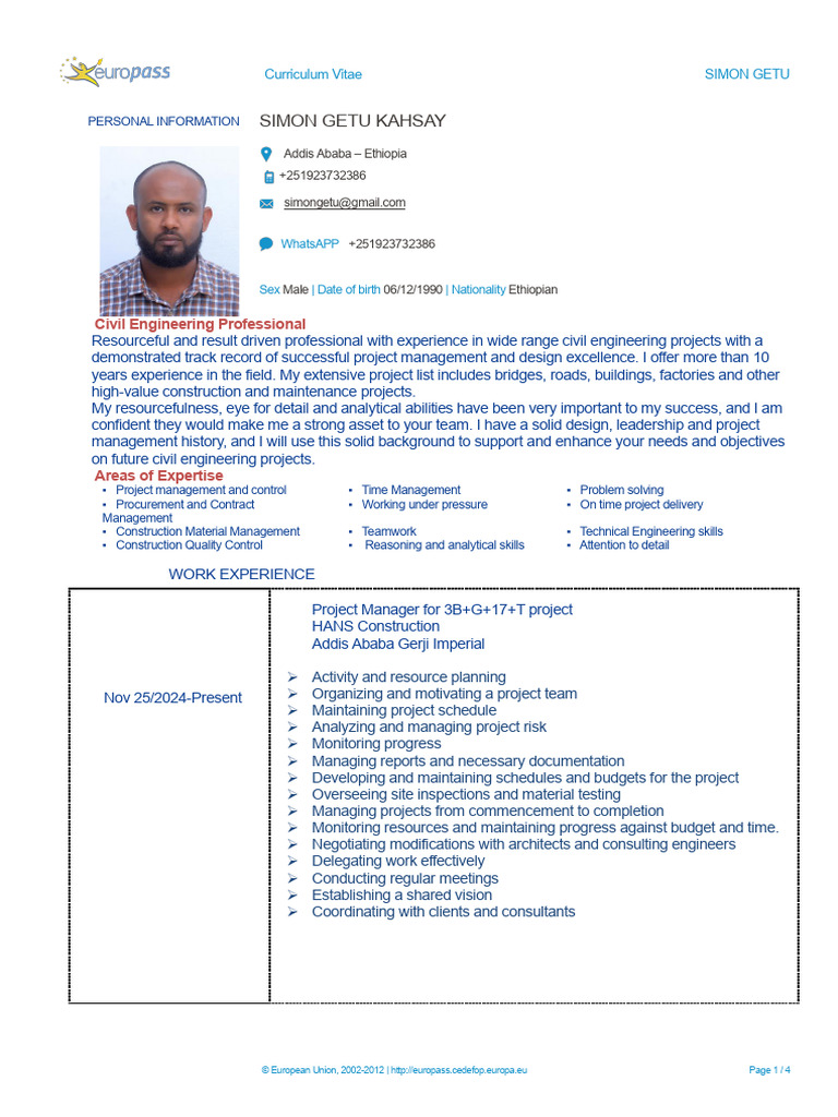 Simon Getu Cv June 2025 | PDF | Project Management | Engineering
