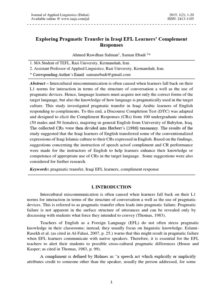 Exploring Pragmatic Transfer in Iraqi EF | PDF | Second Language ...
