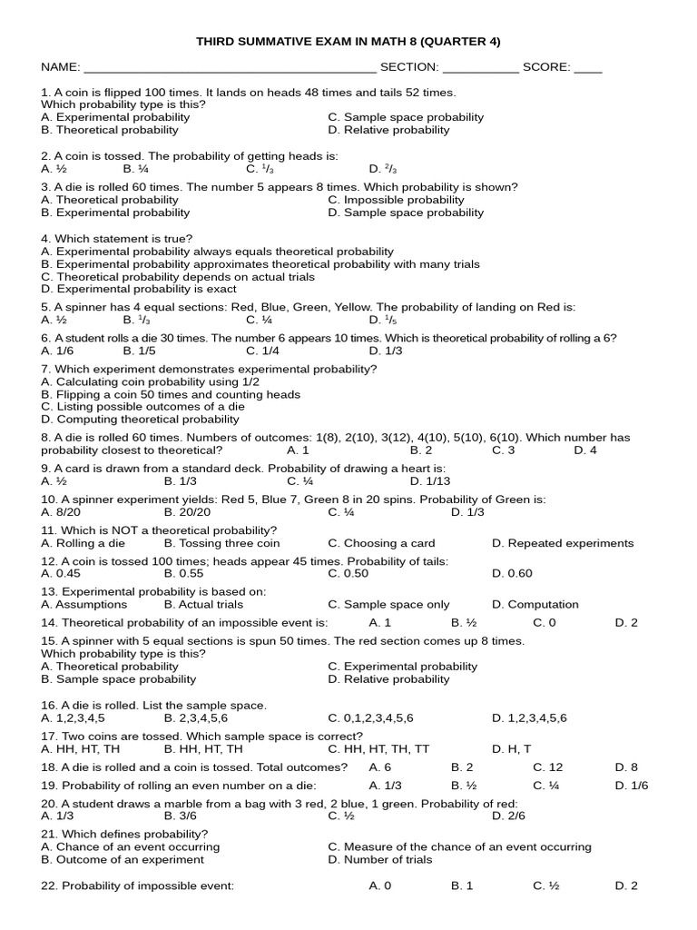 Math 8 q4 Summative 3 | PDF | Probability | Odds