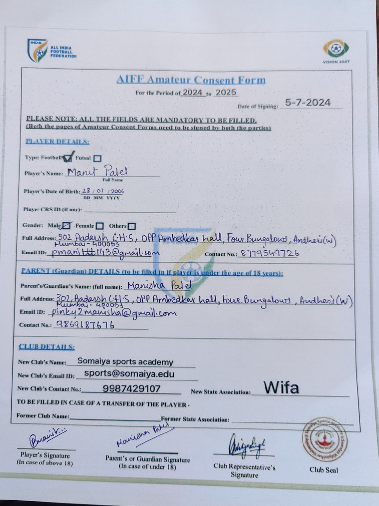 Wifa Form Manit Patel | PDF | Association Football