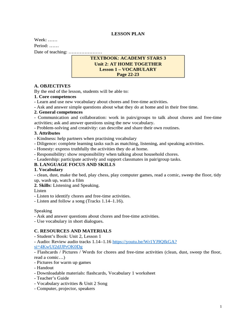 Academy Stars 3 - Unit 2 - Lesson 1 | PDF | Vocabulary | Teachers