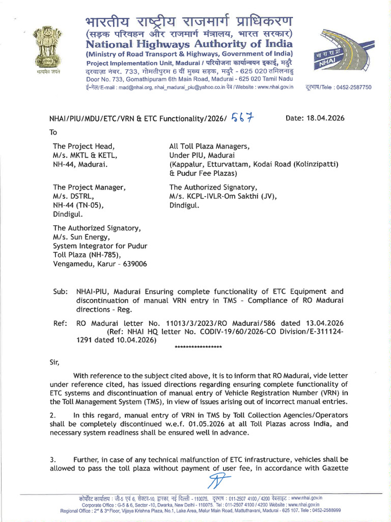Lr No 567Ensuring Complete Functionality of ETC (Electronic Toll ...