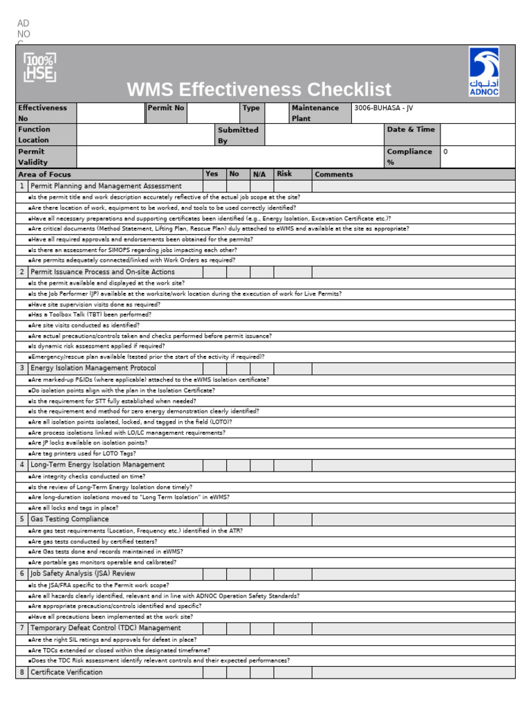WMS Effectiveness Checklist (1) | PDF | Safety