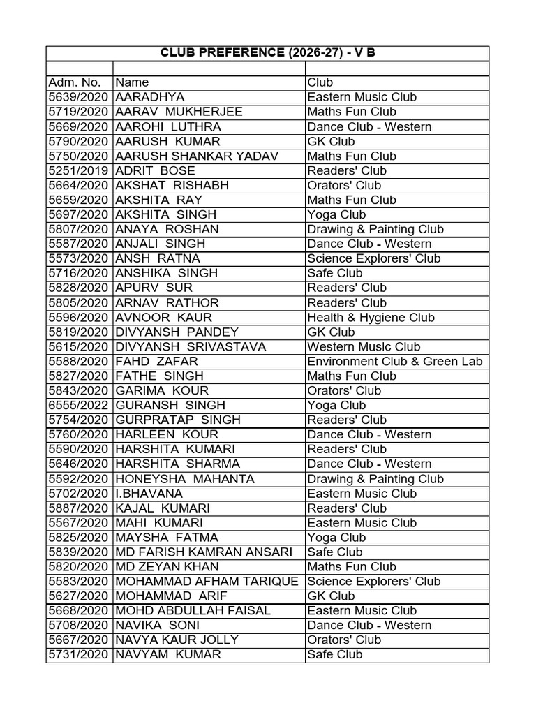 V-B - Club Preference - 2026-27 | PDF