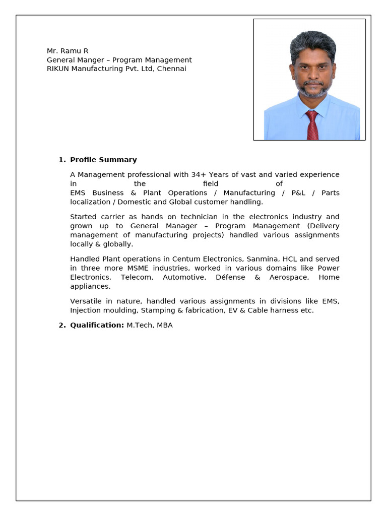 Mr Ramu R _ Profile Summary | PDF