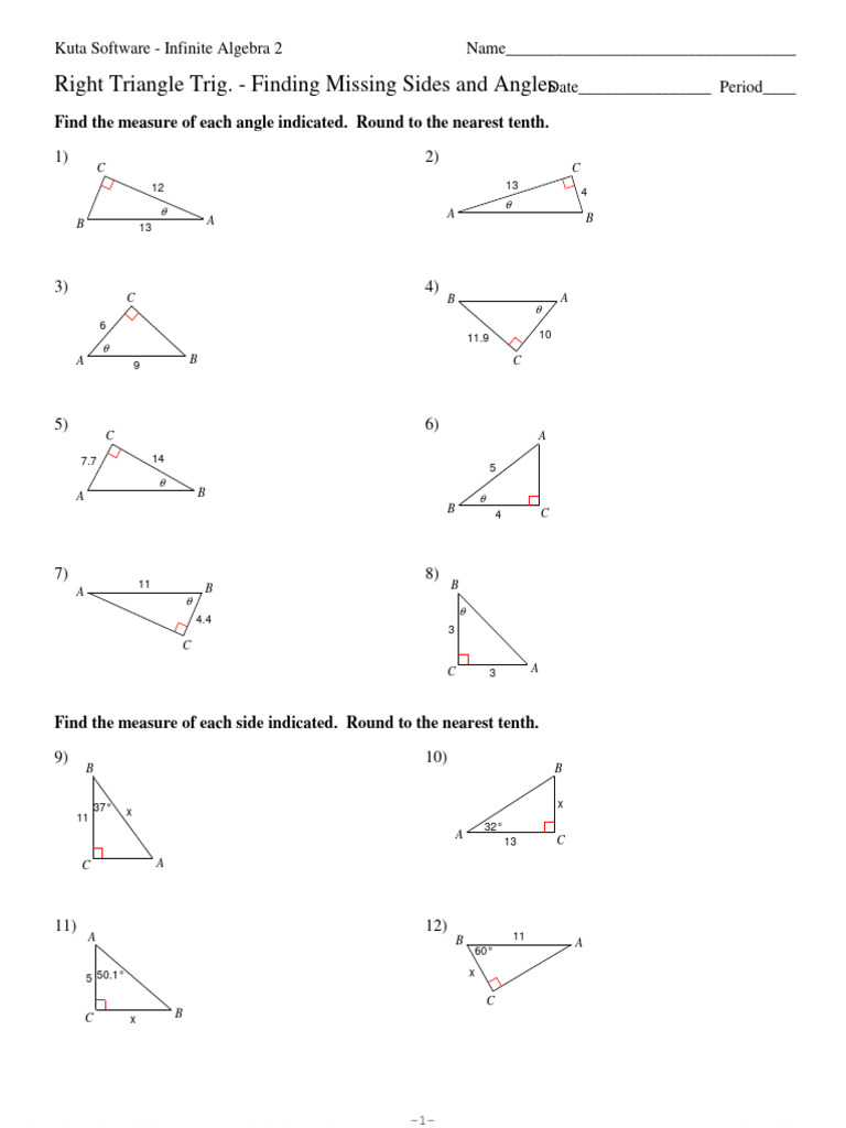 Right Triangle Trig Missing Sides and Angles Questions | PDF ...