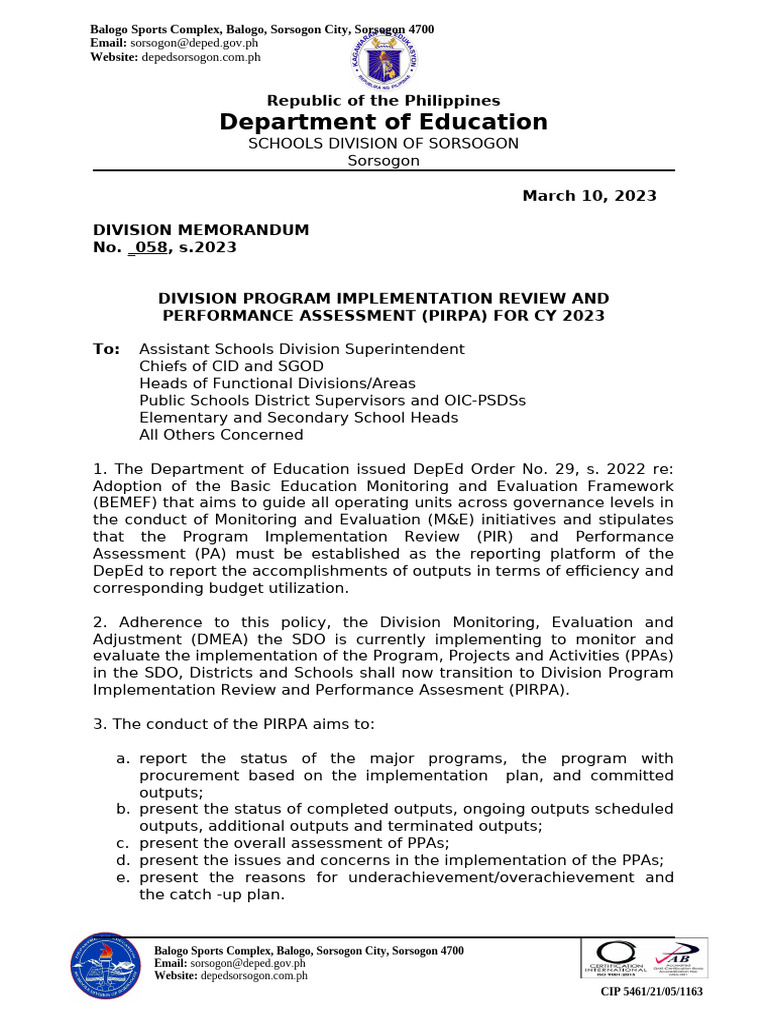 Sdo Pirpa Memo2023 | PDF | Literacy | Cognition