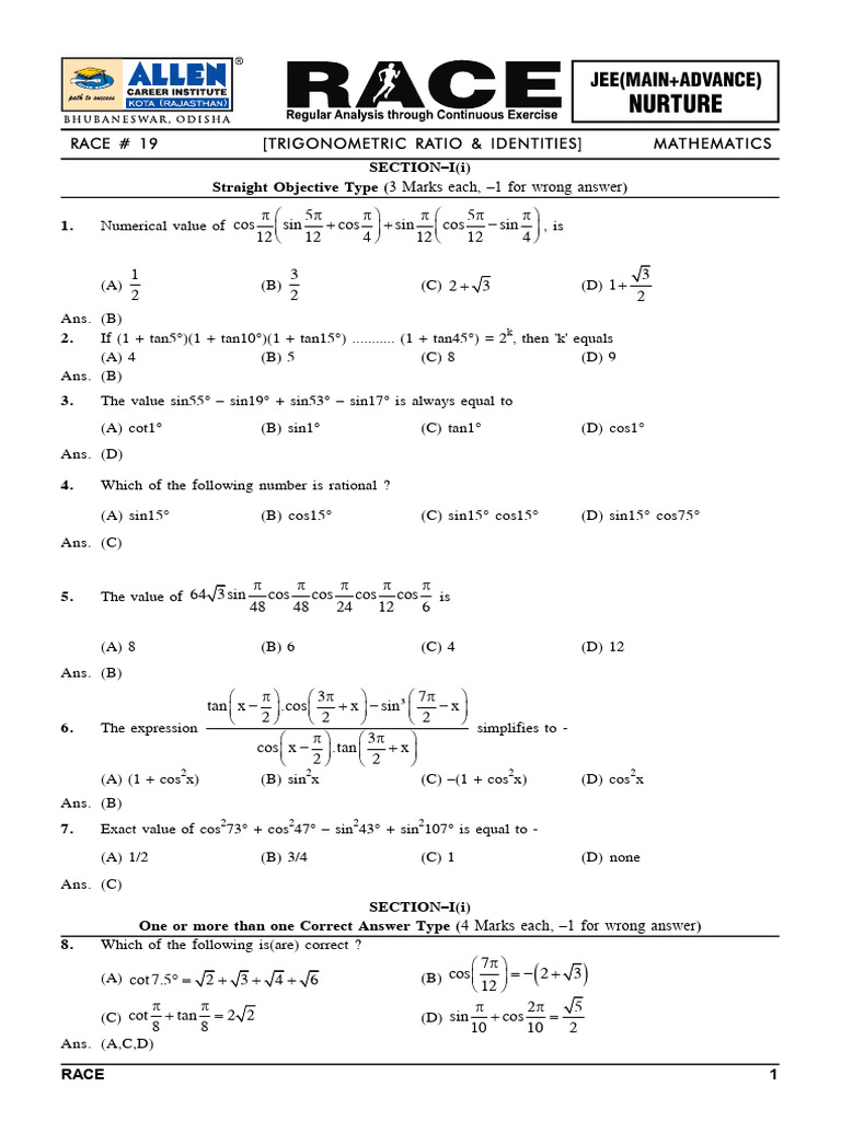 RACE-19_Math_Trigonometric Ratio & Identities | PDF | Complex Analysis ...