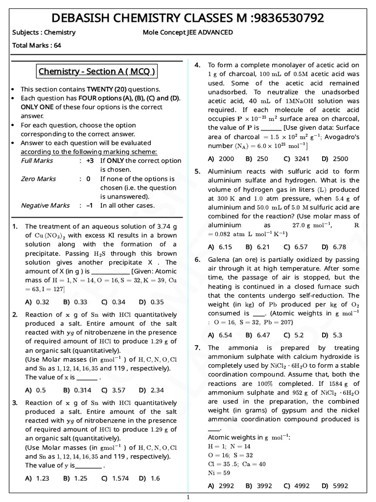 Mole Concept JEE Advanced | PDF | Electrochemistry | Mole (Unit)