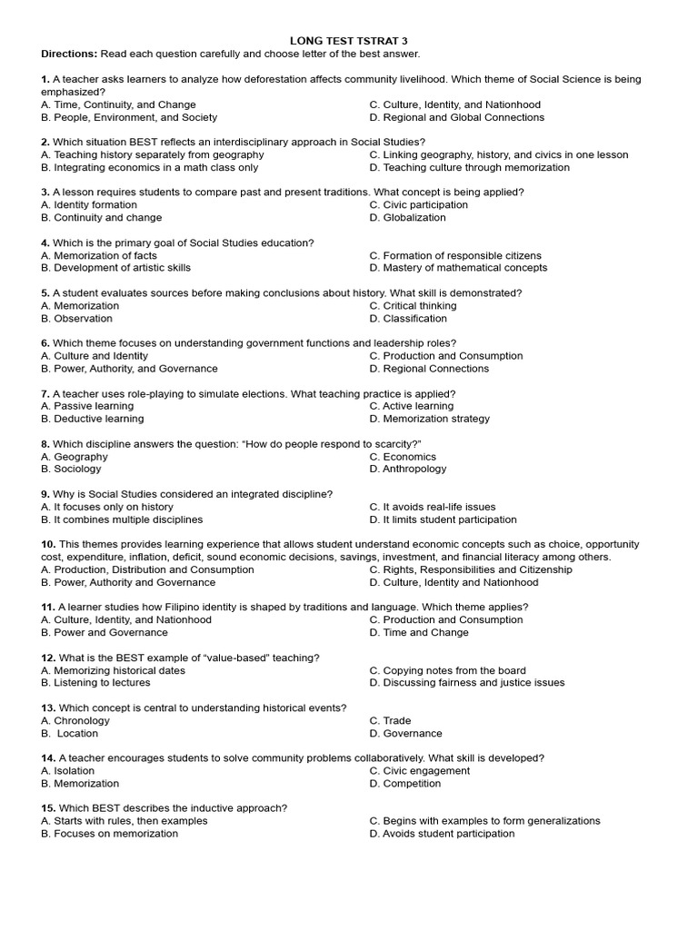 Long Test Tstrat 3 Midterm | PDF | Geography | Learning