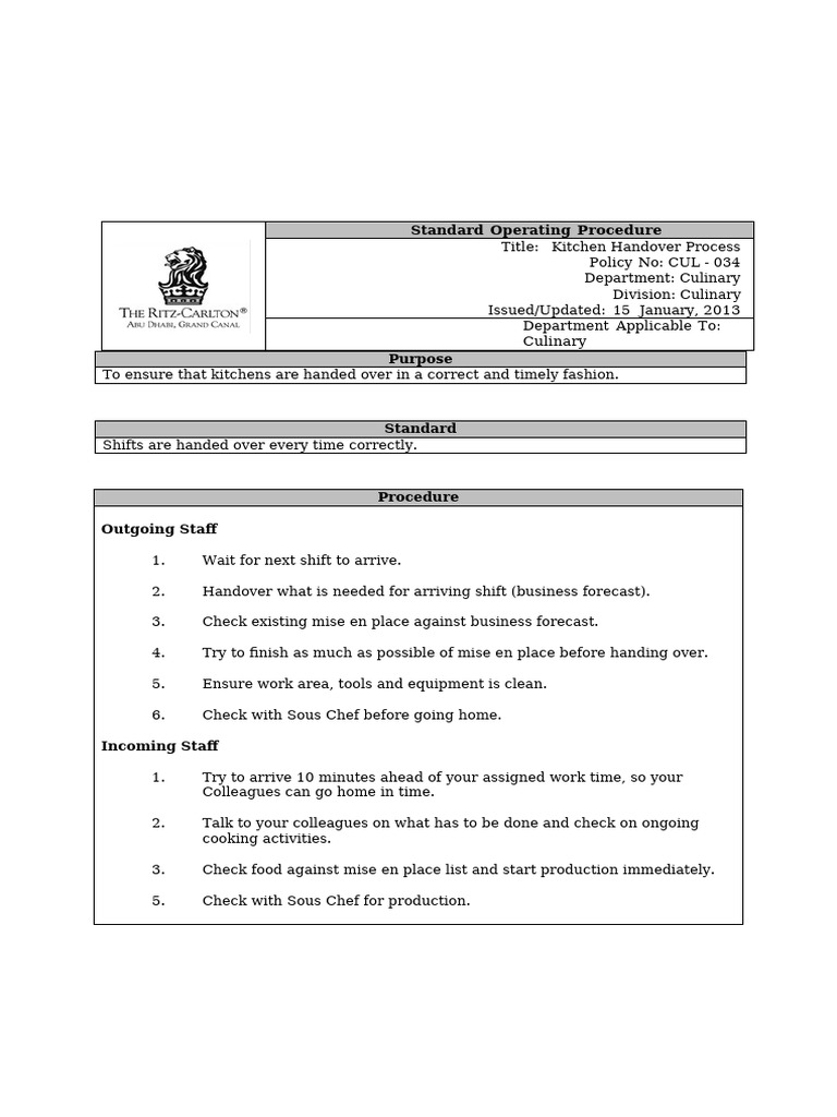 SOP 34 Kitchen Handover Process | PDF