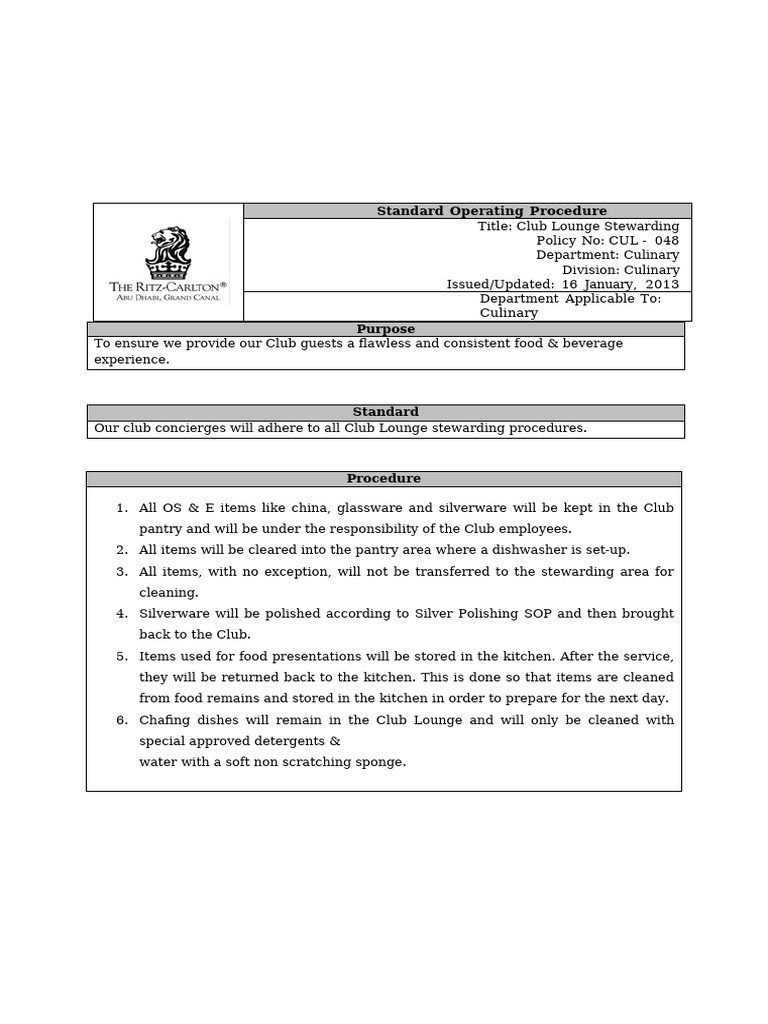 SOP 48 Club Lounge Stewarding | PDF