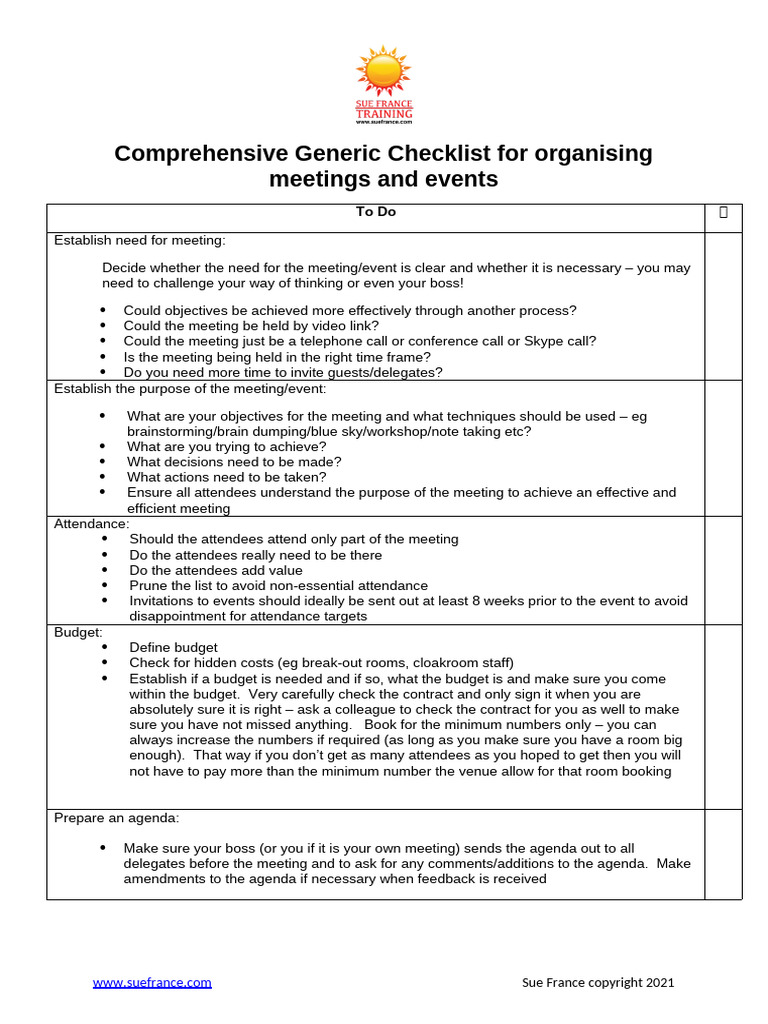 Appendix 11 Comprehensive Generic Checklist for Organising Meetings and ...