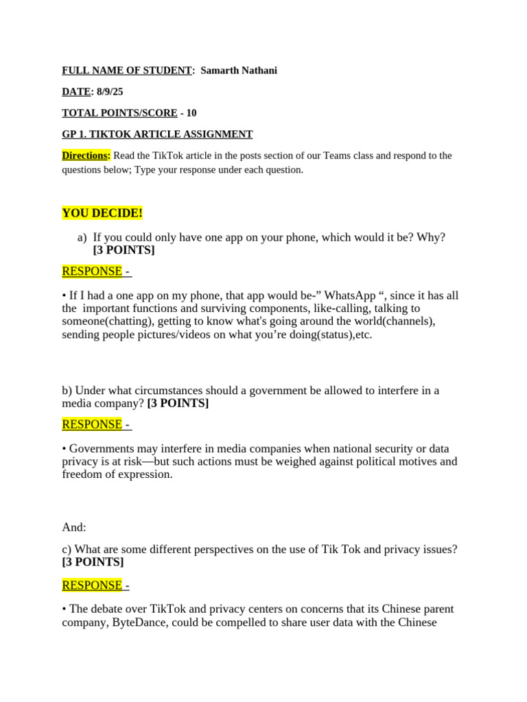 Samarth Nathani - GP1 TikTok Article Assignment 1 | PDF