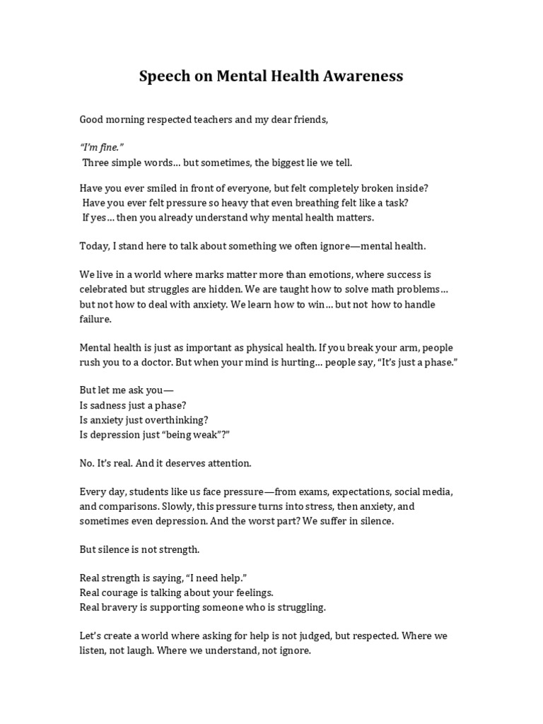 Mental Health Awareness Speech | PDF
