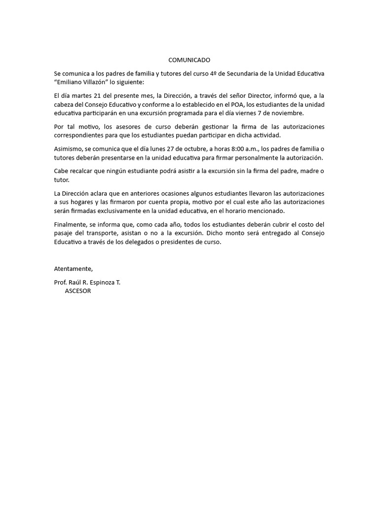 Autorización para La Escursión | PDF