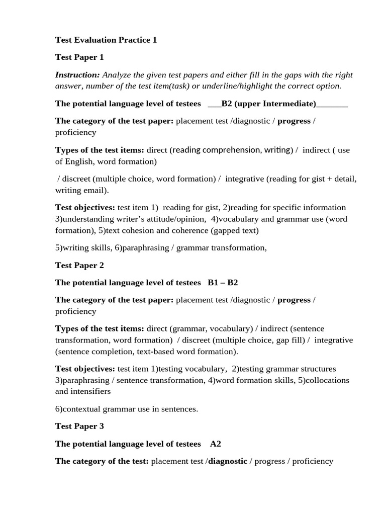 Test Evaluation Practice 1 Instructions and Answer Sheets(1) | PDF