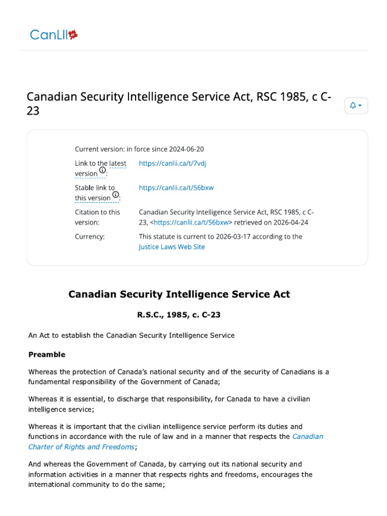 Canadian Security Intelligence Service Act - RSC 1985 | PDF
