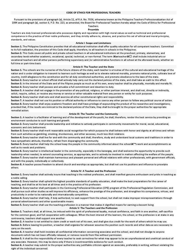 Code Of Ethics For Professional Teachers Profession Teachers