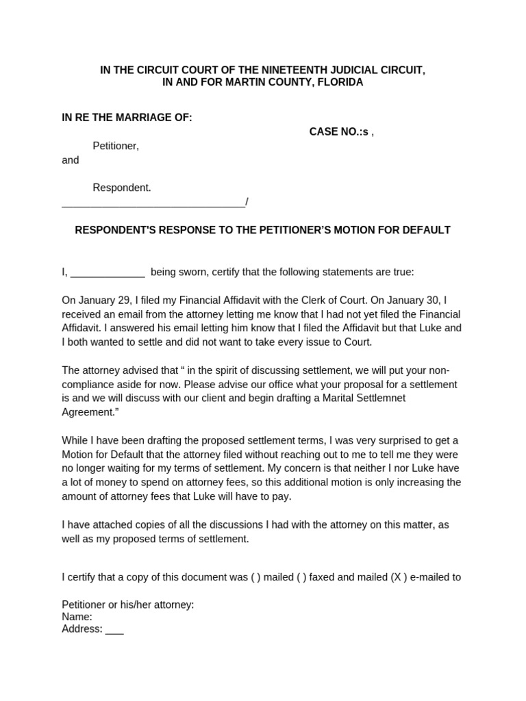 respondent's respnse to motion for default in divorce | PDF | Affidavit ...
