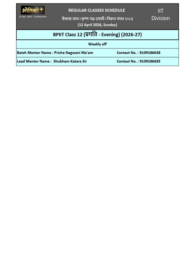 Regular Classes Schedule BPIIT Class XII (प्रगति Evening) (2026-27) (12 ...