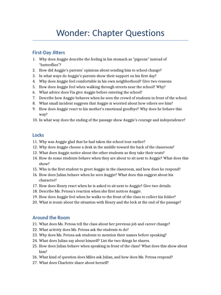 Wonder Chapter Questions | PDF