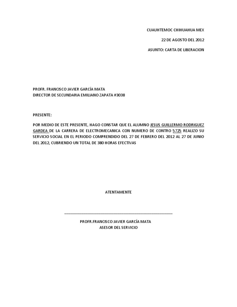 Carta de Liberacion de Servicio Social