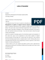Letter of Transmittal: Management of Logistics & Support Services Division in Prime Bank LTD"