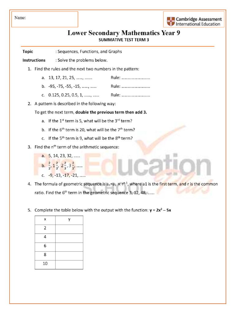 Year 9 Math Test_ Sequences, Functions, Graphs | PDF