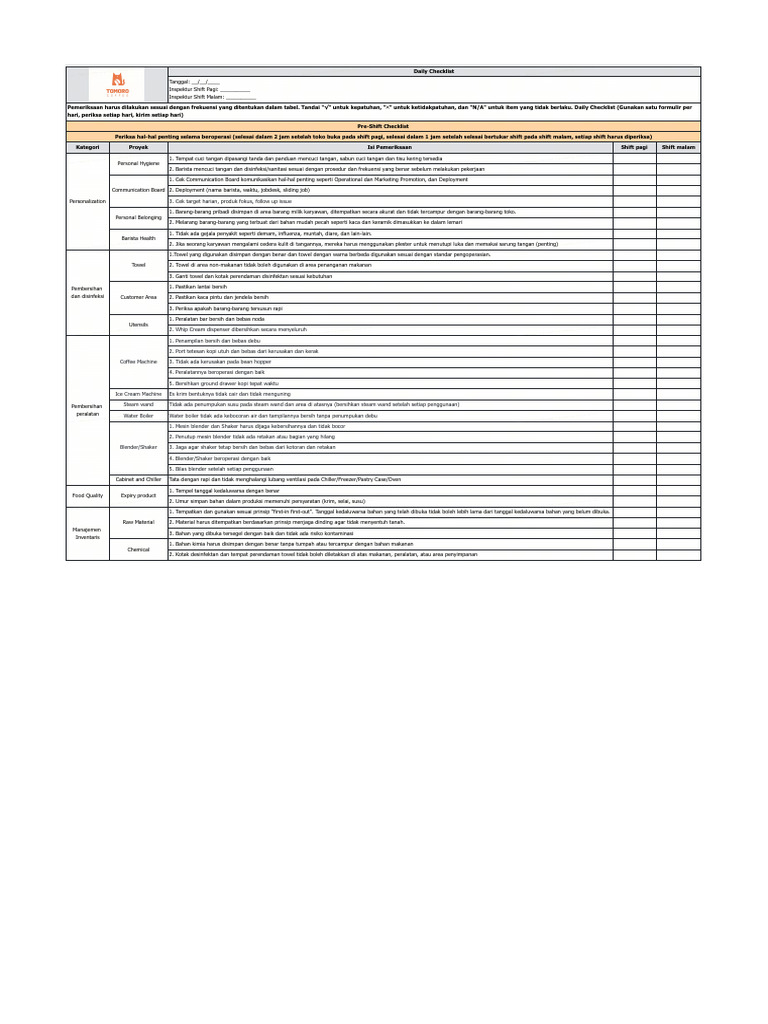 New Pre-shift Checklist | PDF