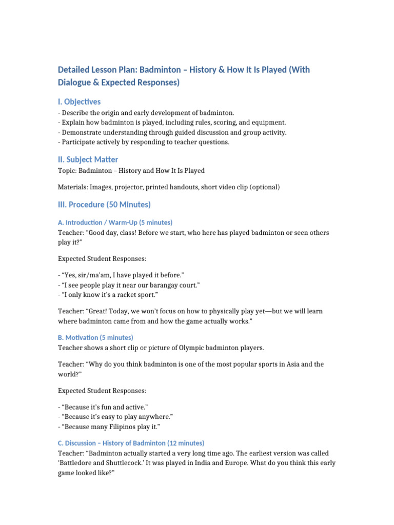 Badminton Lesson Plan Detailed With Dialogue | PDF