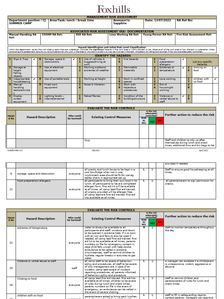 Camp Lunch and Break Time Risk Assessment v15 April 21 2 | PDF | Risk ...