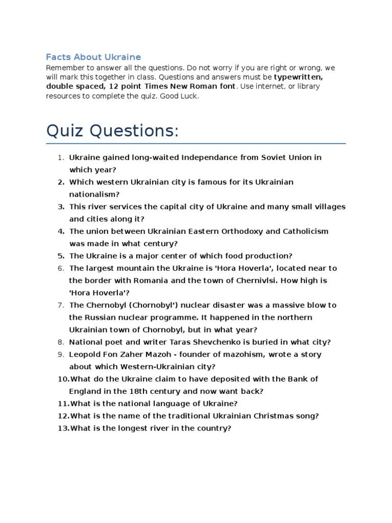 Ukraine Quiz: Facts and Trivia | PDF | Politics | Travel