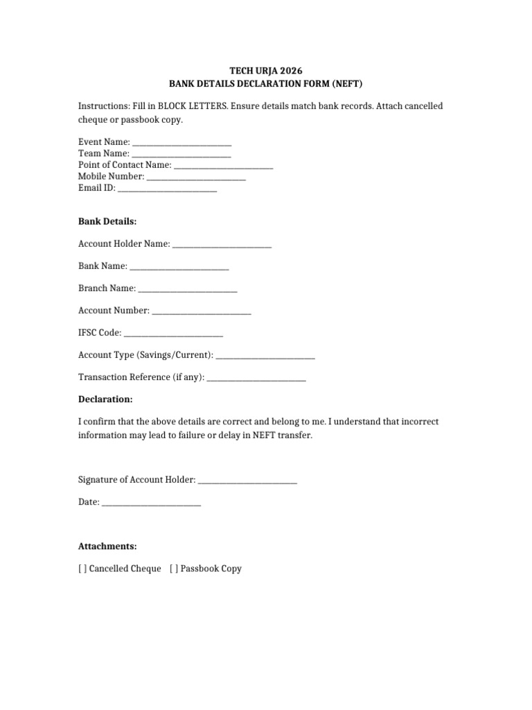 NEFT Bank Details Student Form | PDF