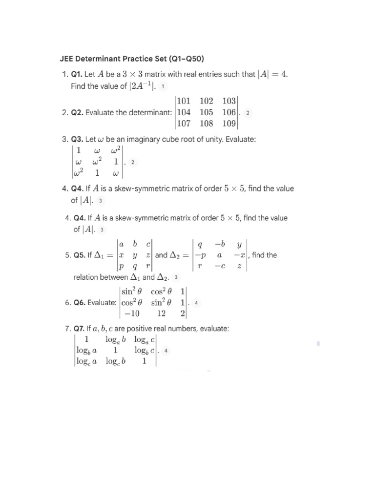 JEE Determinant Practice Set RapidFIrequestions | PDF