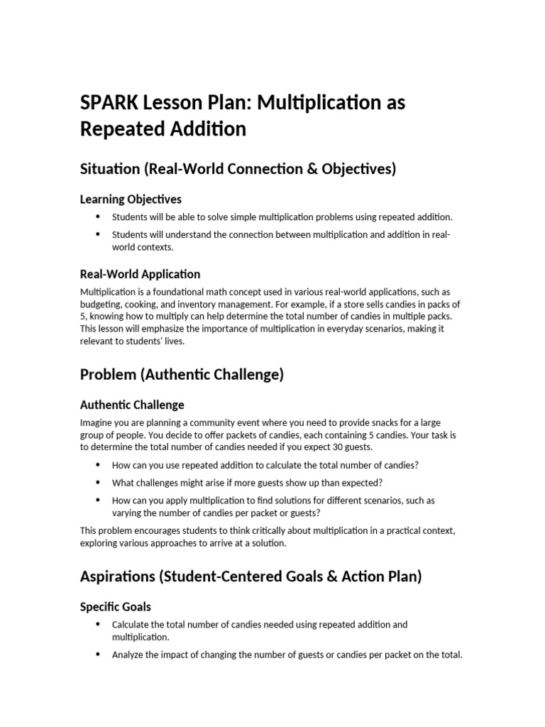 SPARK Lesson on Multiplication as Repeated Addition | PDF | Creativity ...