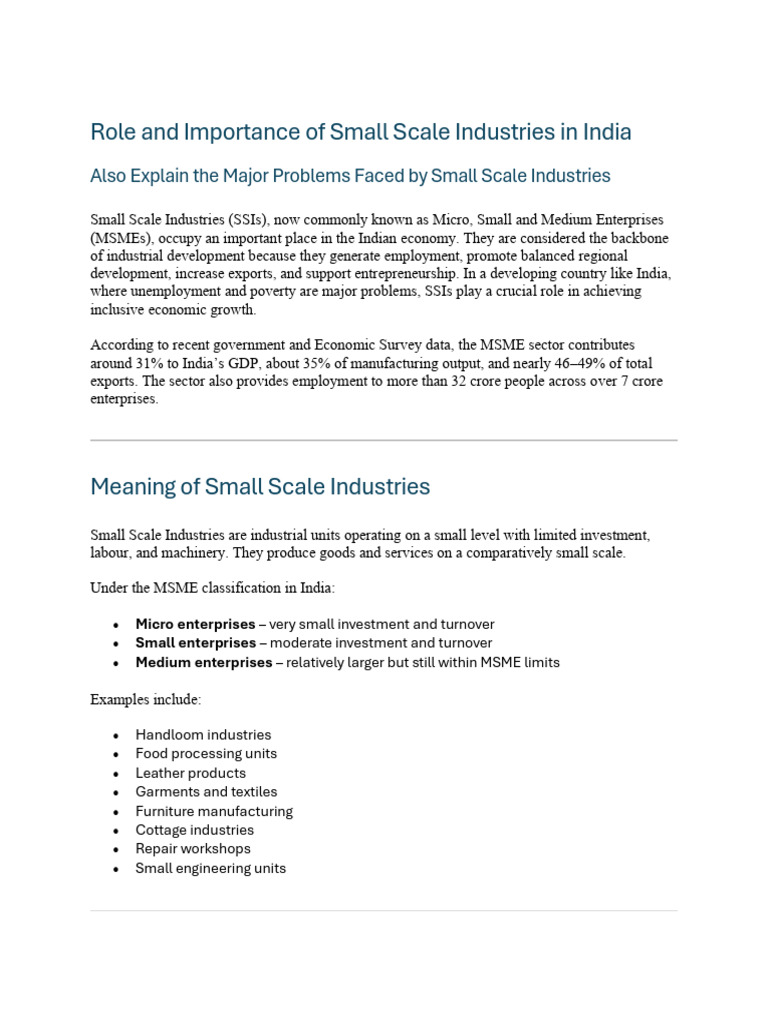 Small Scale Industries- Importance and Problems | PDF | Employment ...
