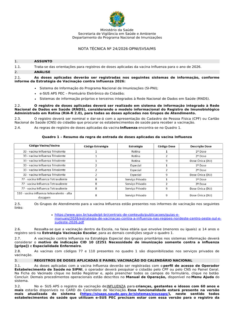 Nota Técnica Nº 24.2026 Dpni Svsa Ms | PDF | Gripe | Vacinas
