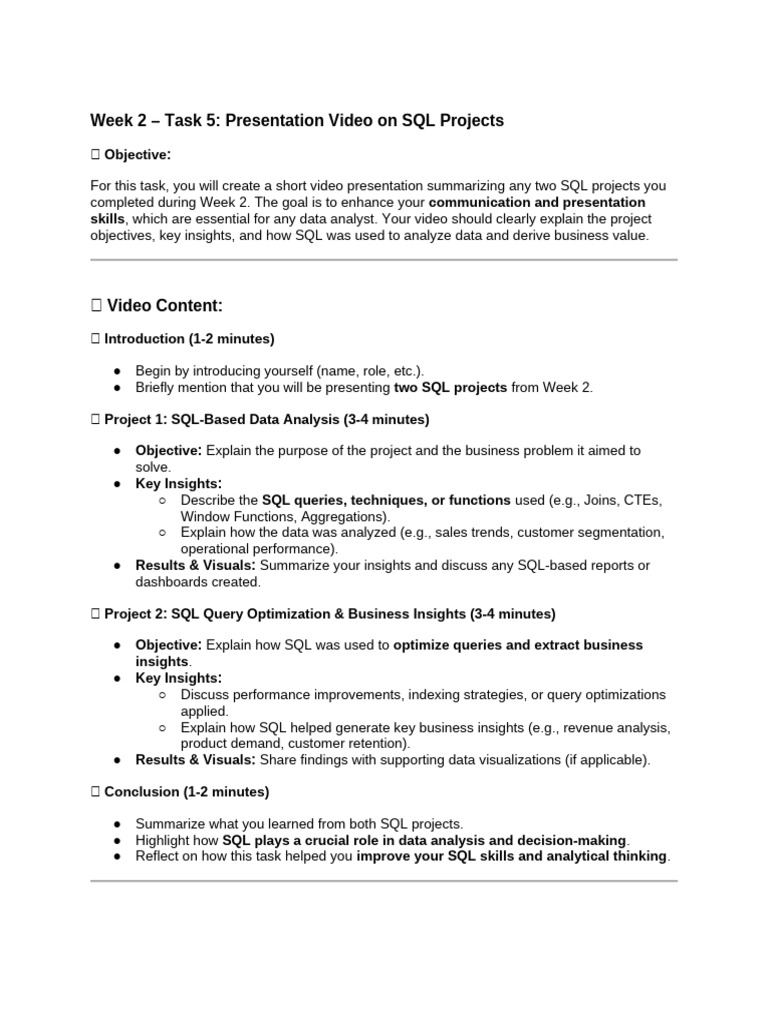 Week 2 – Task 5_ Presentation Video on SQL Projects | PDF | Data ...