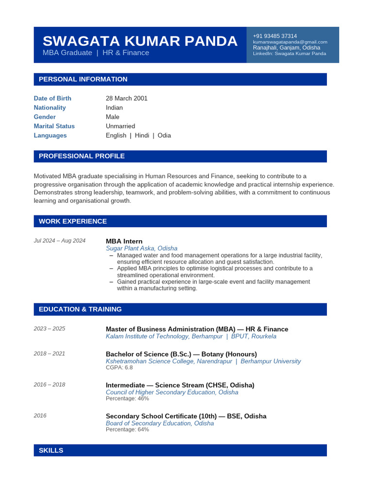 Swagata Kumar Panda CV | PDF | Master Of Business Administration ...