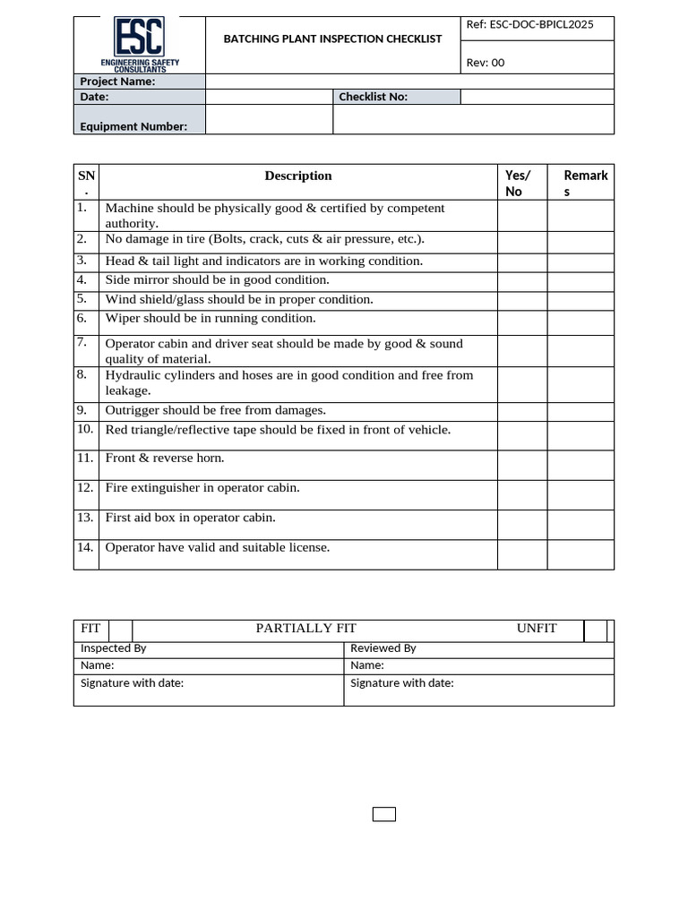 Master Checklist Equipment Inspection | PDF | Crane (Machine) | Truck