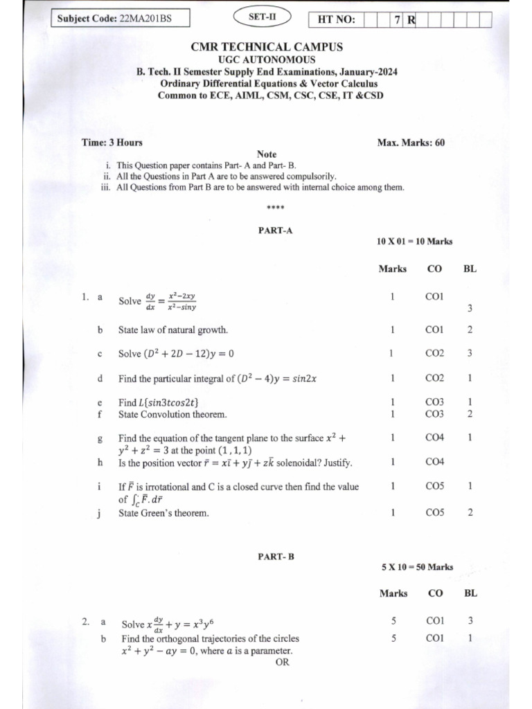 22MA201BS Ordinary Differential Equations Vector Calculus | PDF