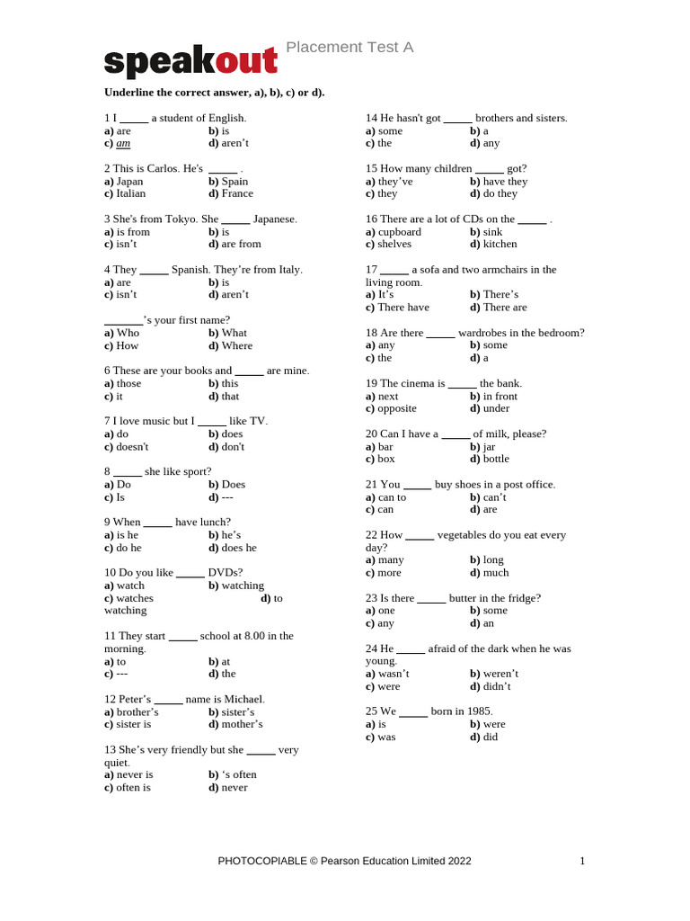 Speakout-placement Test A | PDF