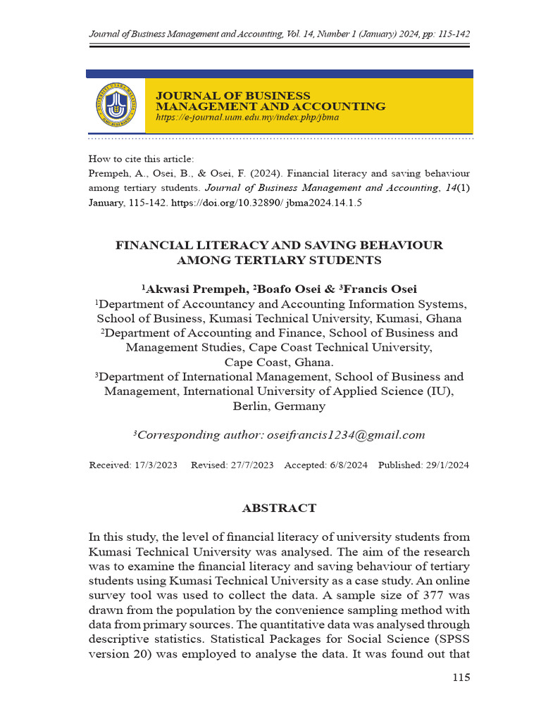Financial Literacy and Saving Behaviour Among Tert | PDF | Financial ...