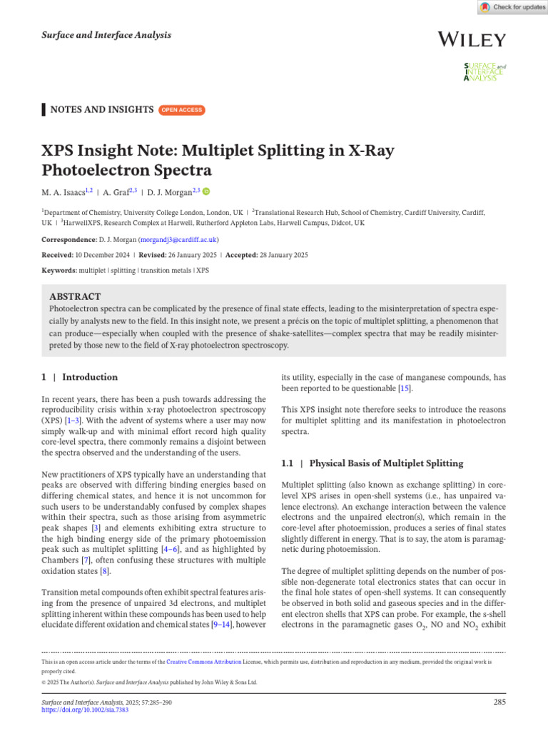 Surface Interface Analysis - 2025 - Isaacs - XPS Insight Note Multiplet ...