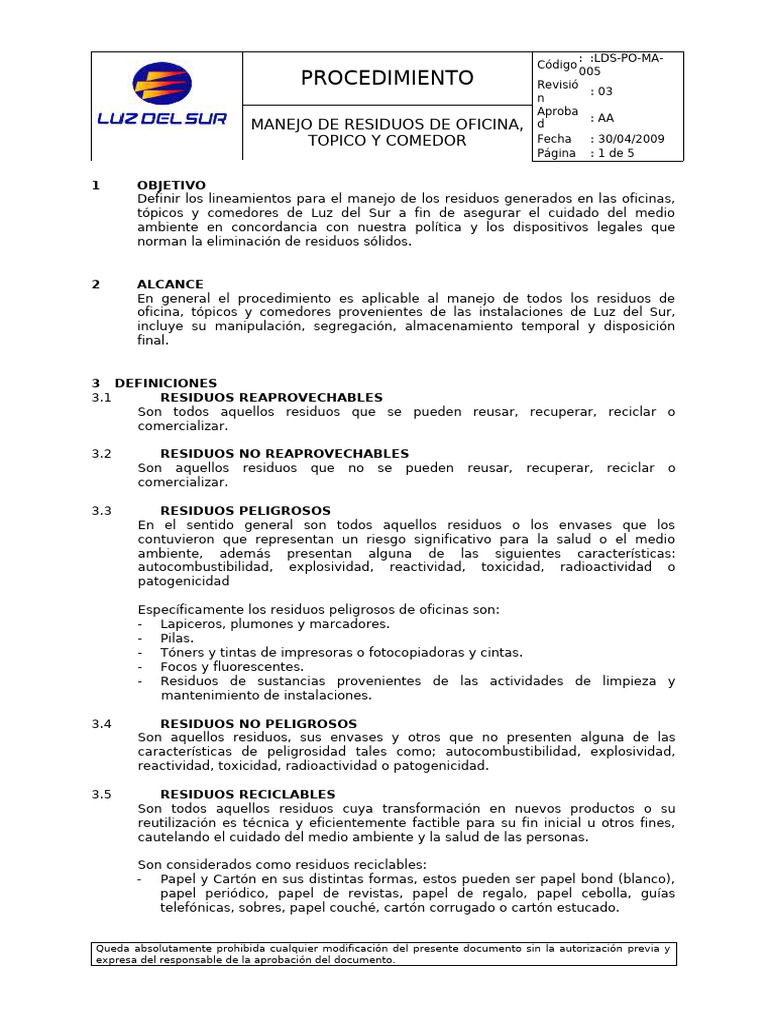 LDS-PO-MA-005 Manejo de Residuos de Oficina, TÃ Pico y Comedo | PDF ...