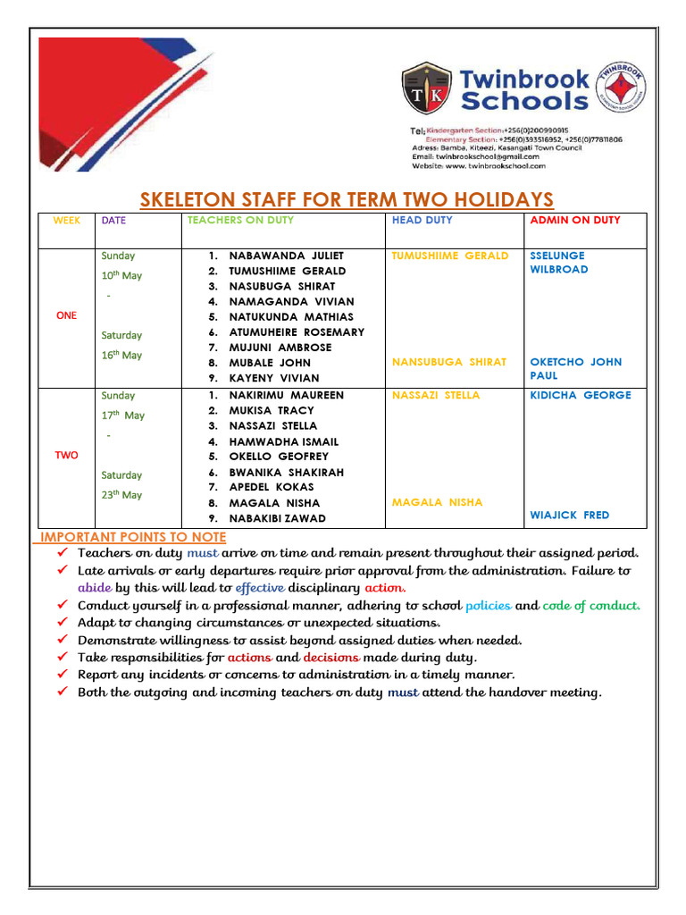 Skeleton Staff for Term Two Holiday 2026 | PDF