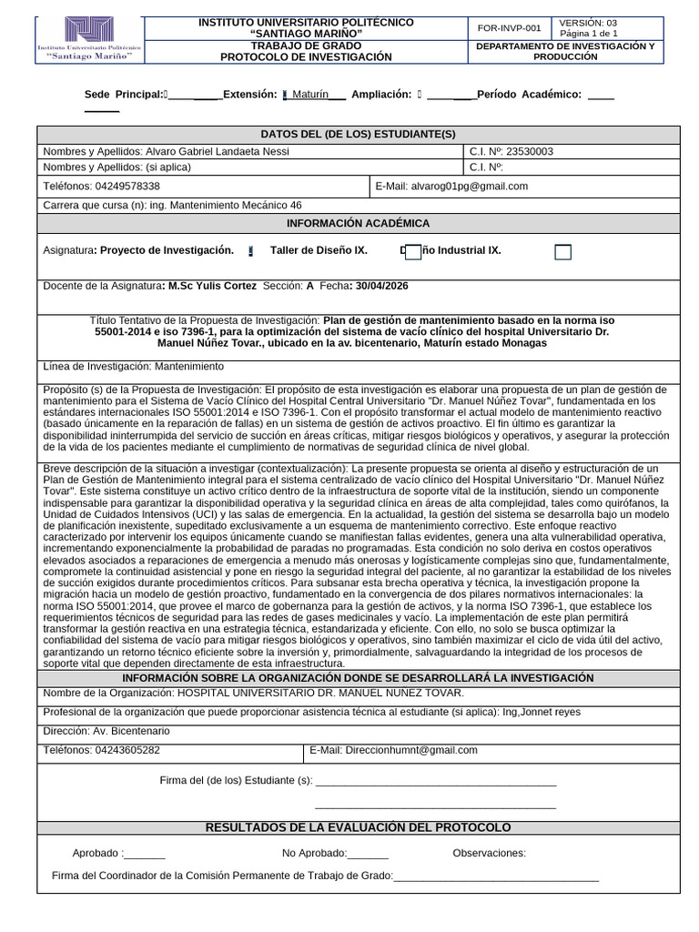 Invp-001 A-1 Protocolo de Investigación Alvaro | PDF | Unidad de ...