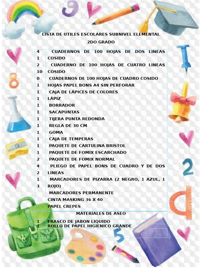 Lista de Utiles Escolares Subnivel Elemental 2do Grado | PDF
